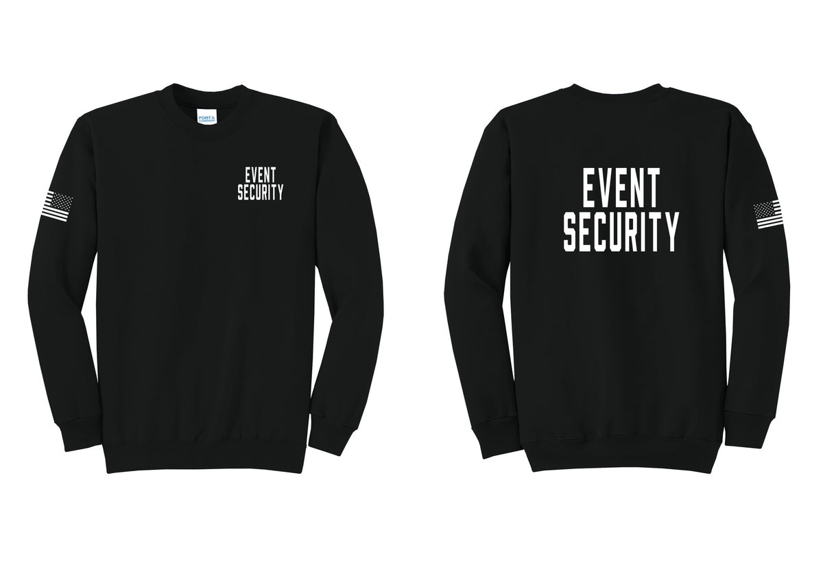NYC Factory Event Security Cotton Fleece Crewneck Sweatshirt (Classic) - Chest + Back + US Flag Sleeve - Black