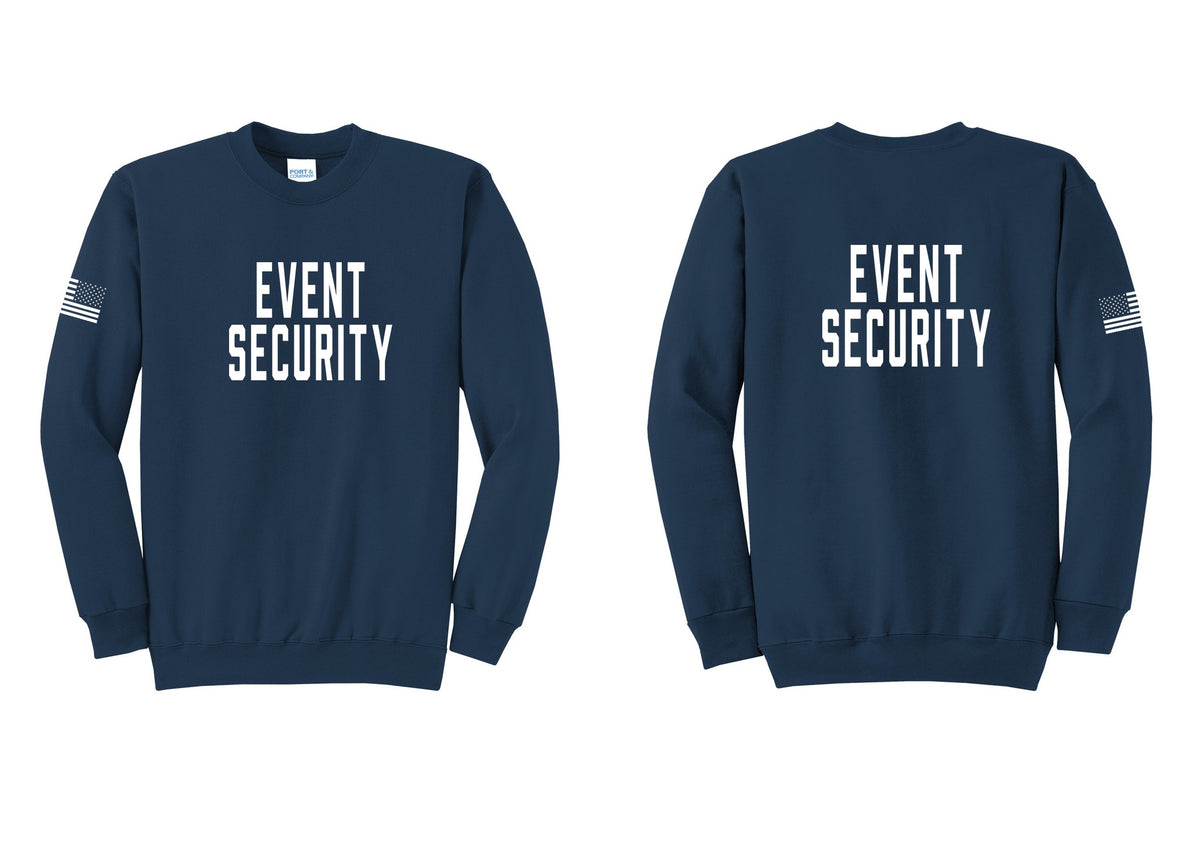 NYC Factory Event Security Cotton Fleece Crewneck Sweatshirt (Classic) - Front + Back + US Flag Sleeve - Navy
