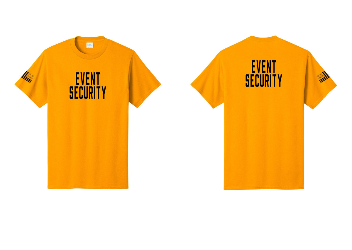 NYC Factory Event Security T-Shirt for Venues & Crowd Management (Classic) - Front + Back + US Flag Sleeve - Gold
