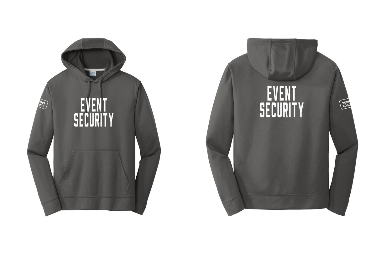 NYC Factory Custom Logo Event Security Performance Hooded Fleece Pullover Sweatshirt (Classic) - Front + Back + Your Logo Sleeve - Charcoal