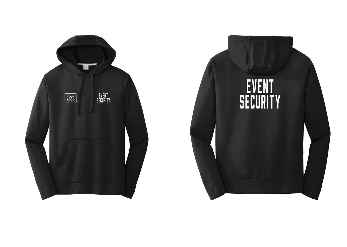 NYC Factory Custom Logo Event Security Performance Hooded Fleece Pullover Sweatshirt (Classic) - EVENT SECURITY + Your Logo + Back - Black