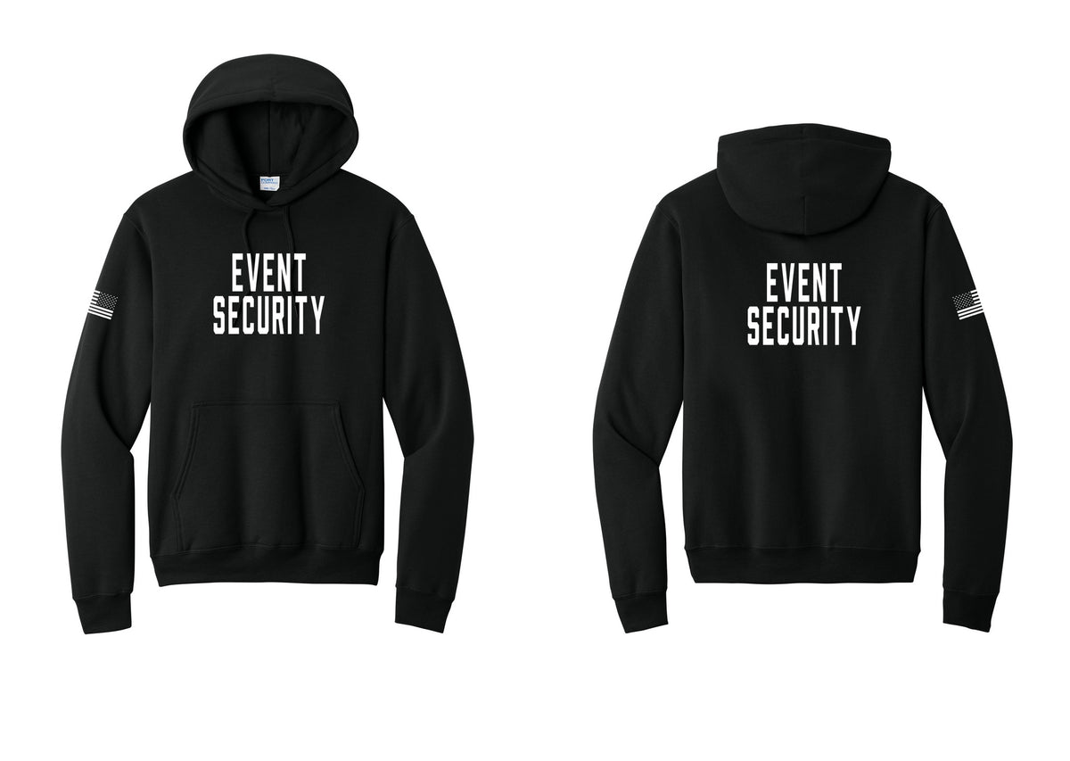 NYC Factory Event Security Cotton Fleece Pullover Hoodie (Classic) - Front + Back + US Flag Sleeve - Black