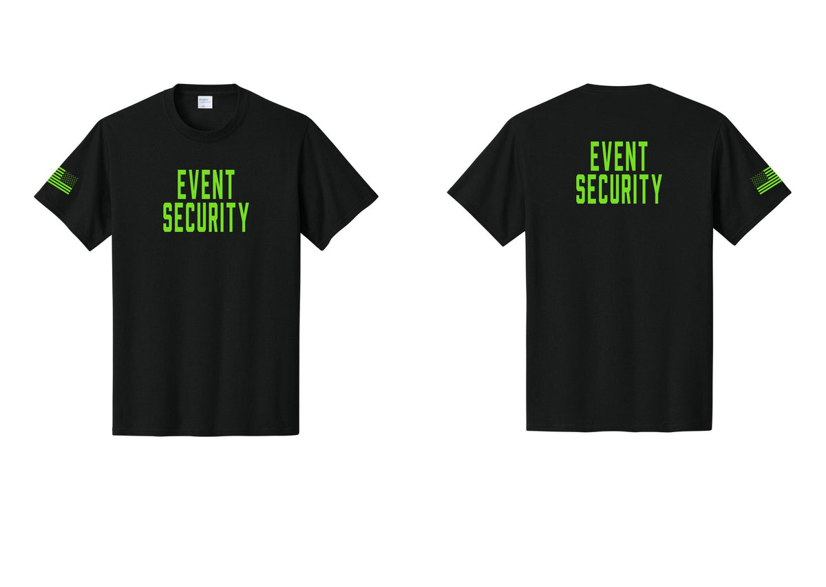 NYC Factory Event Security T-Shirt for Venues & Crowd Management (Classic) - Front + Back + US Flag Sleeve - Black / Neon
