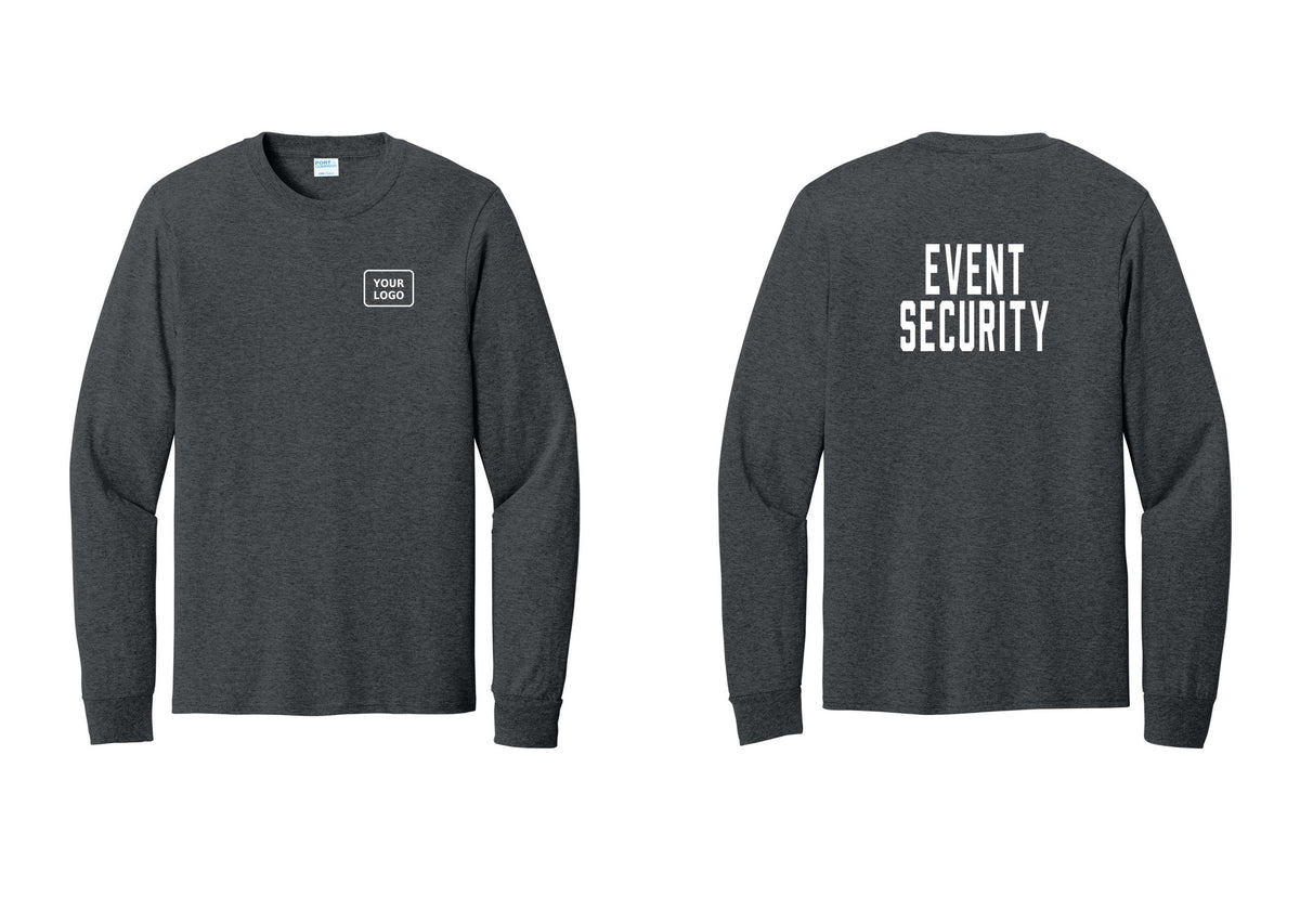 NYC Factory Custom Logo Event Security Cotton Long Sleeve T-Shirt (Classic) - Your Logo + Back - Dark Heather Grey