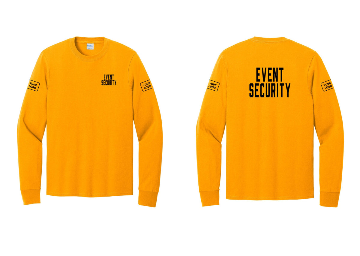 NYC Factory Custom Logo Event Security Cotton Long Sleeve T-Shirt (Classic) - Chest + Back + Your Logo Sleeves - Gold