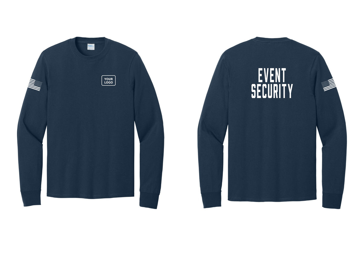 NYC Factory Custom Logo Event Security Cotton Long Sleeve T-Shirt (Classic) - Your Logo + Back + US Flag Sleeve - Navy