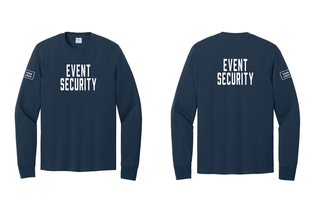 NYC Factory Custom Logo Event Security Cotton Long Sleeve T-Shirt (Classic) - Front + Back + Your Logo Sleeve - Navy
