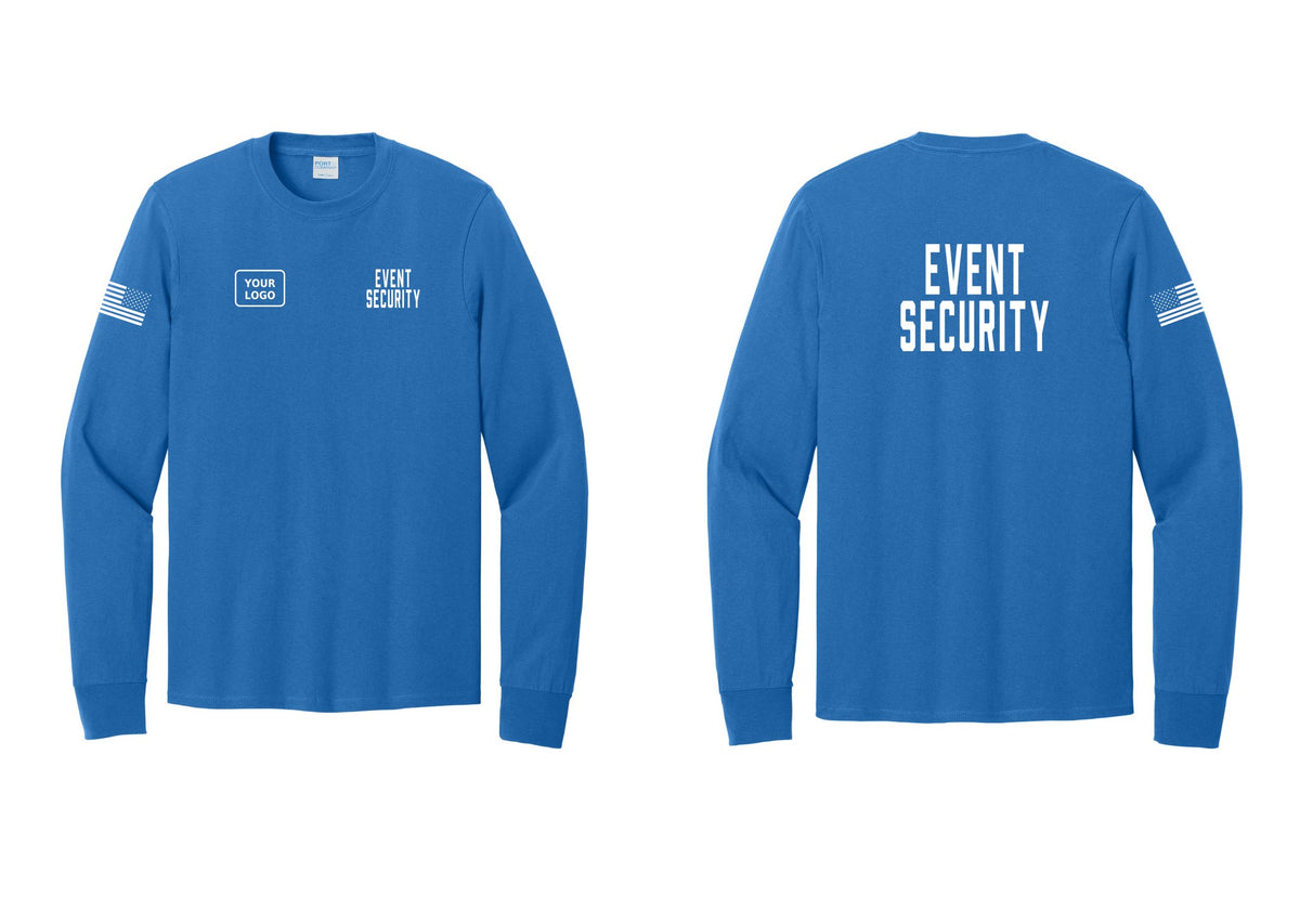 NYC Factory Custom Logo Event Security Cotton Long Sleeve T-Shirt (Classic) - EVENT SECURITY + Your Logo + Back + US Flag Sleeve - Royal
