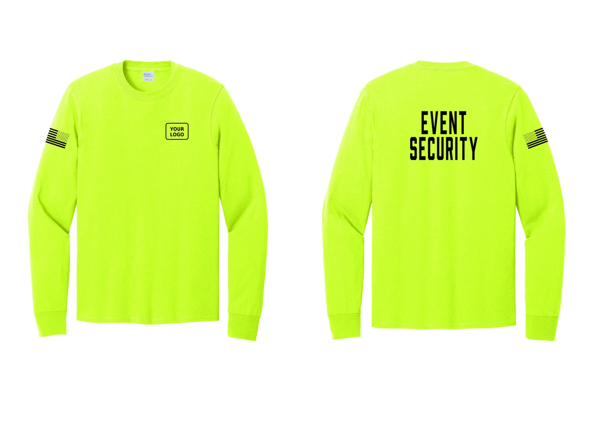 NYC Factory Custom Logo Event Security Cotton Long Sleeve T-Shirt (Classic) - Your Logo + Back + US Flag Sleeve - Safety Green