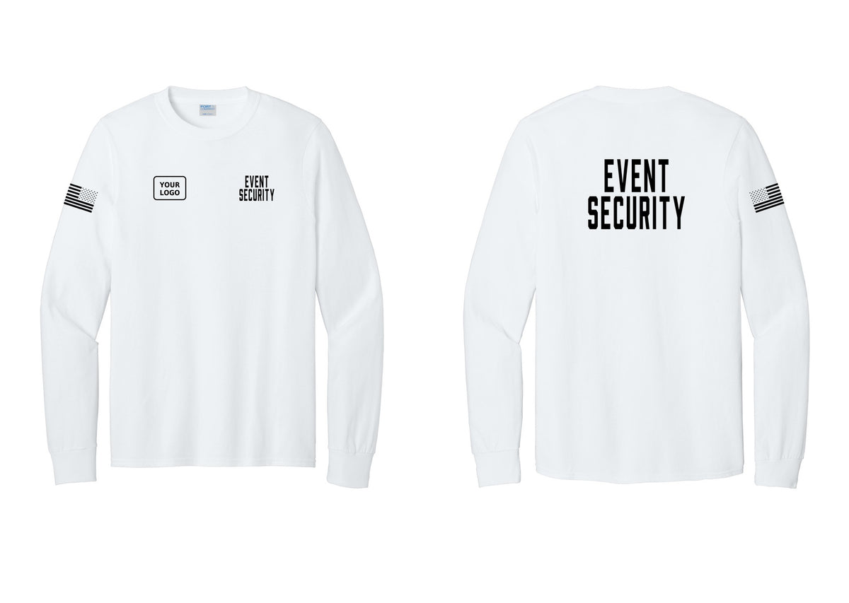 NYC Factory Custom Logo Event Security Cotton Long Sleeve T-Shirt (Classic) - EVENT SECURITY + Your Logo + Back + US Flag Sleeve - White