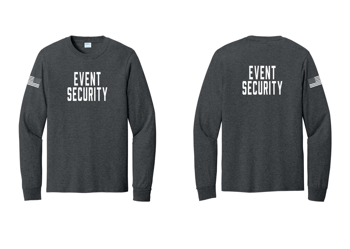 NYC Factory Event Security Cotton Long Sleeve T-Shirt (Classic) - Front + Back + US Flag Sleeve - Dark Heather Grey