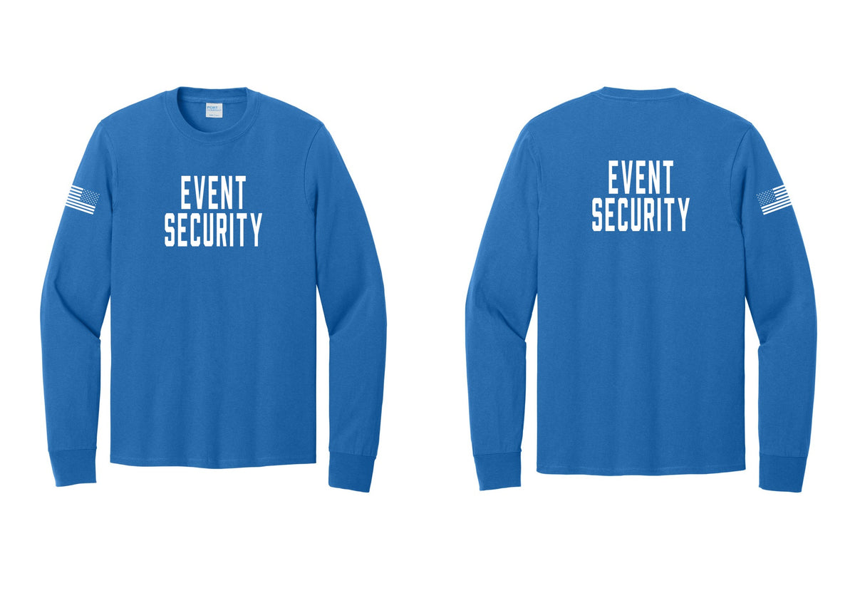 NYC Factory Event Security Cotton Long Sleeve T-Shirt (Classic) - Front + Back + US Flag Sleeve - Royal