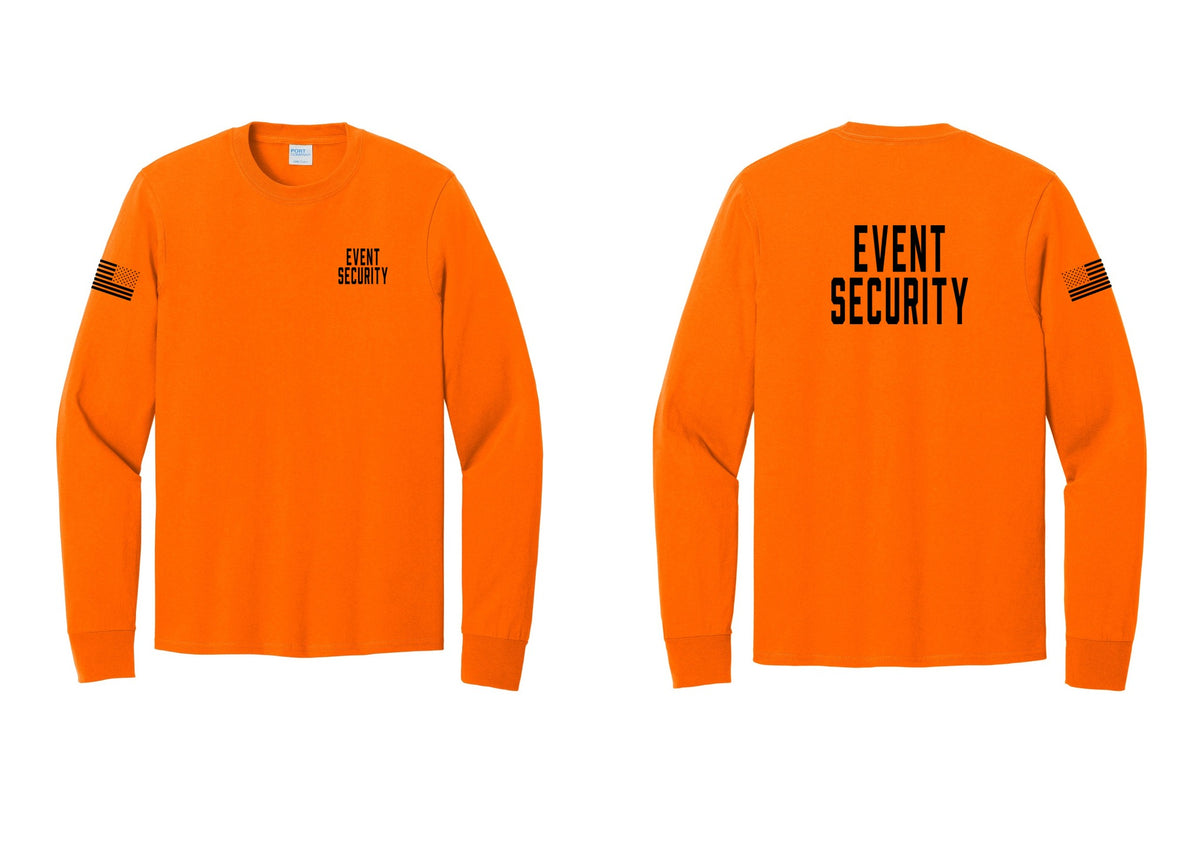 NYC Factory Event Security Cotton Long Sleeve T-Shirt (Classic) - Chest + Back + US Flag Sleeve - Safety Orange