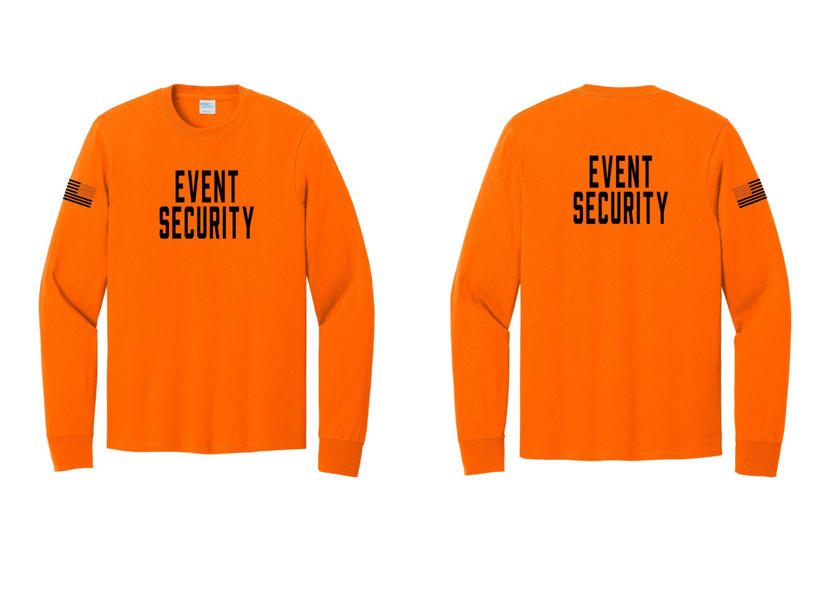 NYC Factory Event Security Cotton Long Sleeve T-Shirt (Classic) - Front + Back + US Flag Sleeve - Safety Orange