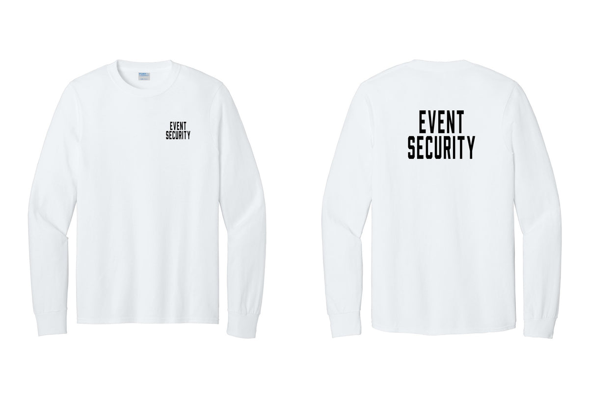 NYC Factory Event Security Cotton Long Sleeve T-Shirt (Classic) - Chest + Back - White