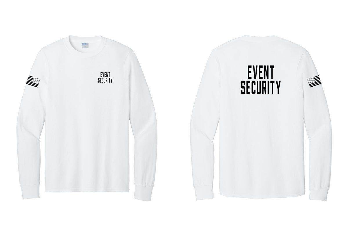 NYC Factory Event Security Cotton Long Sleeve T-Shirt (Classic) - Chest + Back + US Flag Sleeve - White