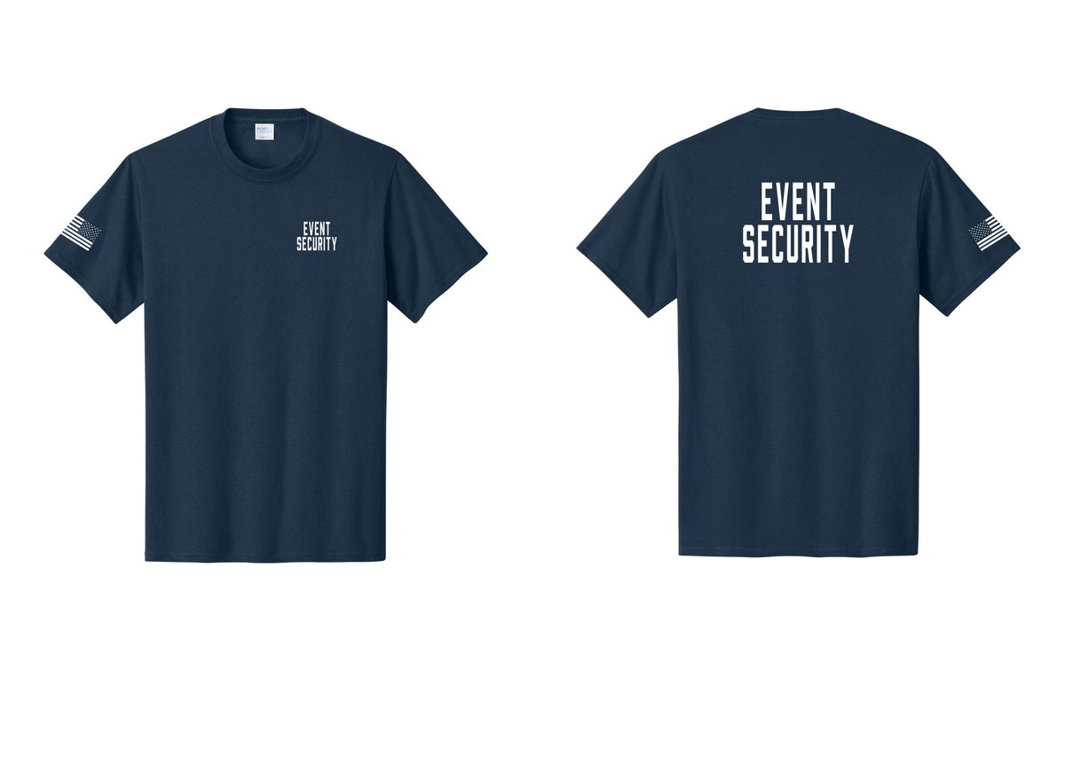 NYC Factory Event Security T-Shirt for Venues & Crowd Management (Classic) - Chest + Back + US Flag Sleeve - Navy