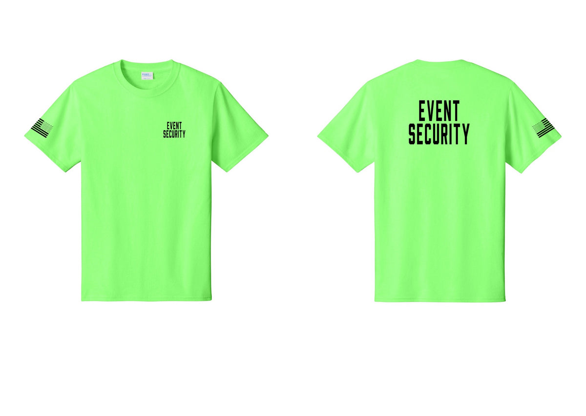 NYC Factory Event Security T-Shirt for Venues & Crowd Management (Classic) - Chest + Back + US Flag Sleeve - Neon Green