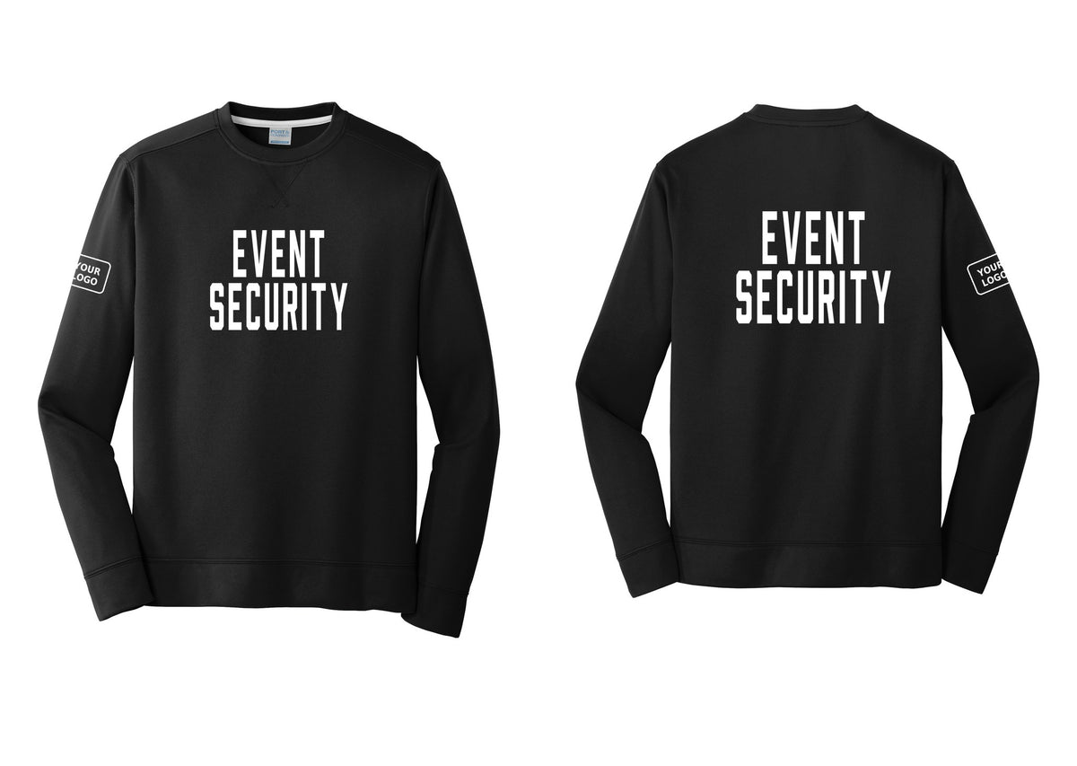 NYC Factory Custom Logo Event Security Performance Fleece Crewneck Sweatshirt (Classic) - Front + Back + Your Logo Sleeve - Black
