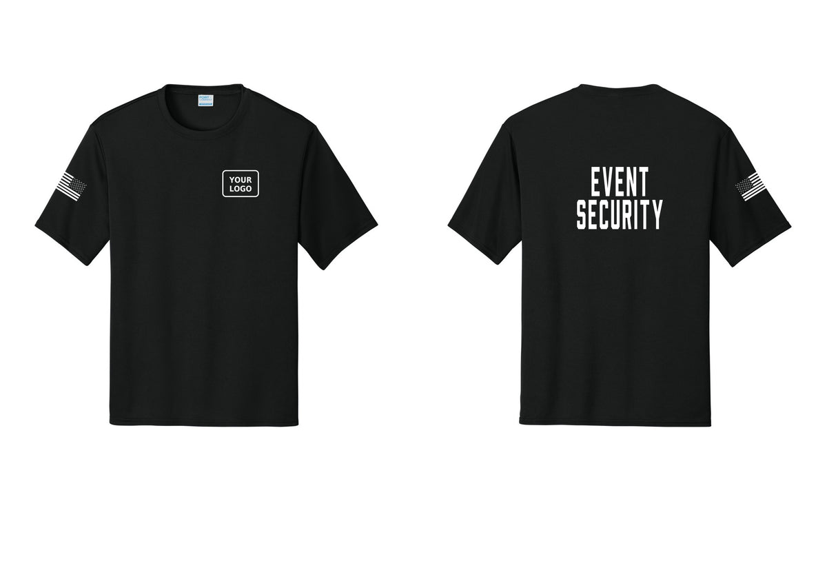 NYC Factory Custom Logo Event Security Performance T-Shirt (Classic) - Your Logo + Back + US Flag Sleeve - Black
