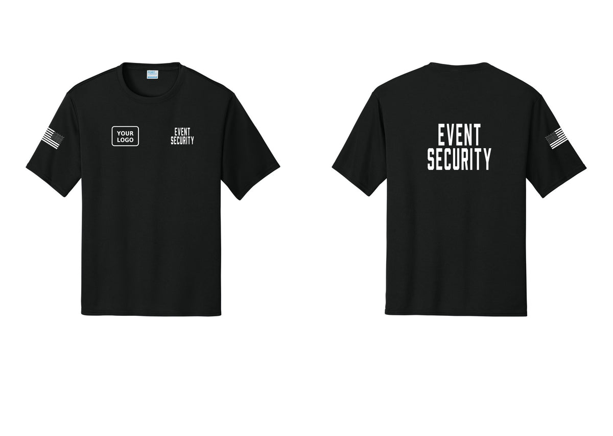 NYC Factory Custom Logo Event Security Performance T-Shirt (Classic) - EVENT SECURITY + Your Logo + Back + US Flag Sleeve - Black