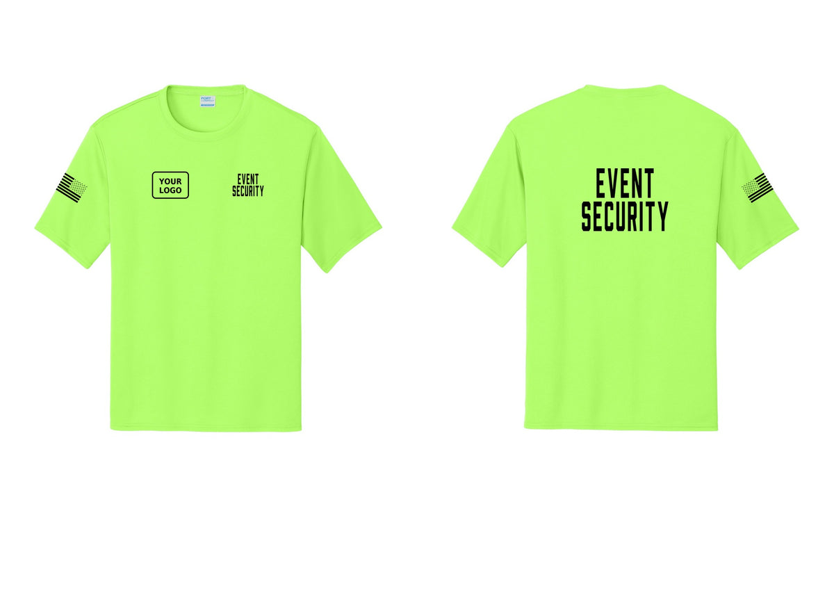 NYC Factory Custom Logo Event Security Performance T-Shirt (Classic) - EVENT SECURITY + Your Logo + Back + US Flag Sleeve - Neon Green