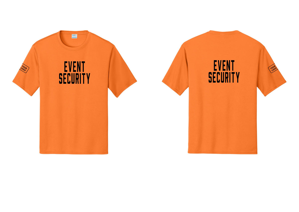 NYC Factory Custom Logo Event Security Performance T-Shirt (Classic) - Front + Back + Your Logo Sleeve - Neon Orange