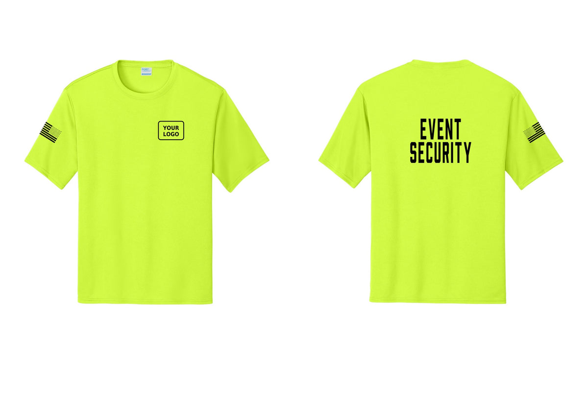 NYC Factory Custom Logo Event Security Performance T-Shirt (Classic) - Your Logo + Back + US Flag Sleeve - Neon Yellow