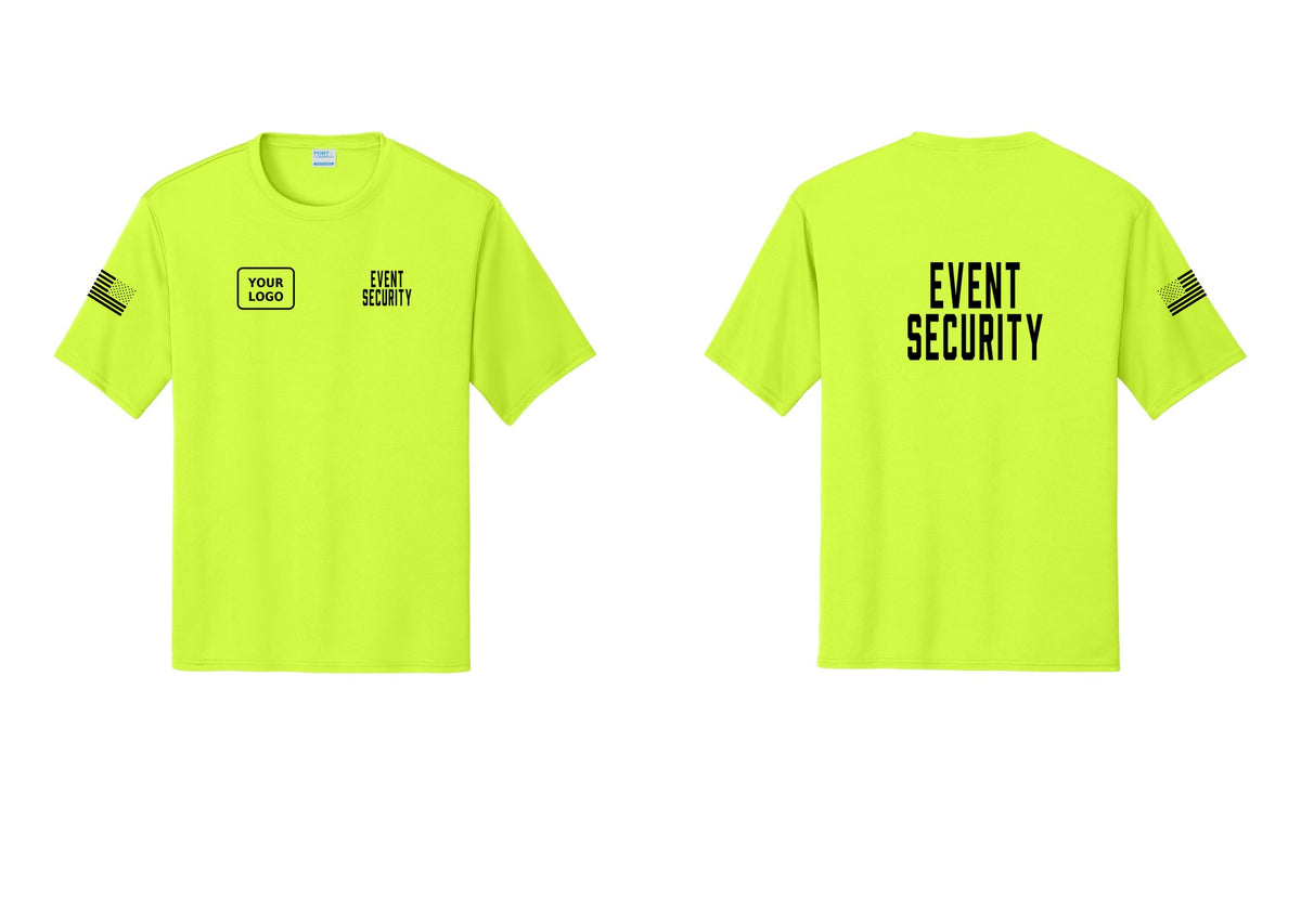 NYC Factory Custom Logo Event Security Performance T-Shirt (Classic) - EVENT SECURITY + Your Logo + Back + US Flag Sleeve - Neon Yellow