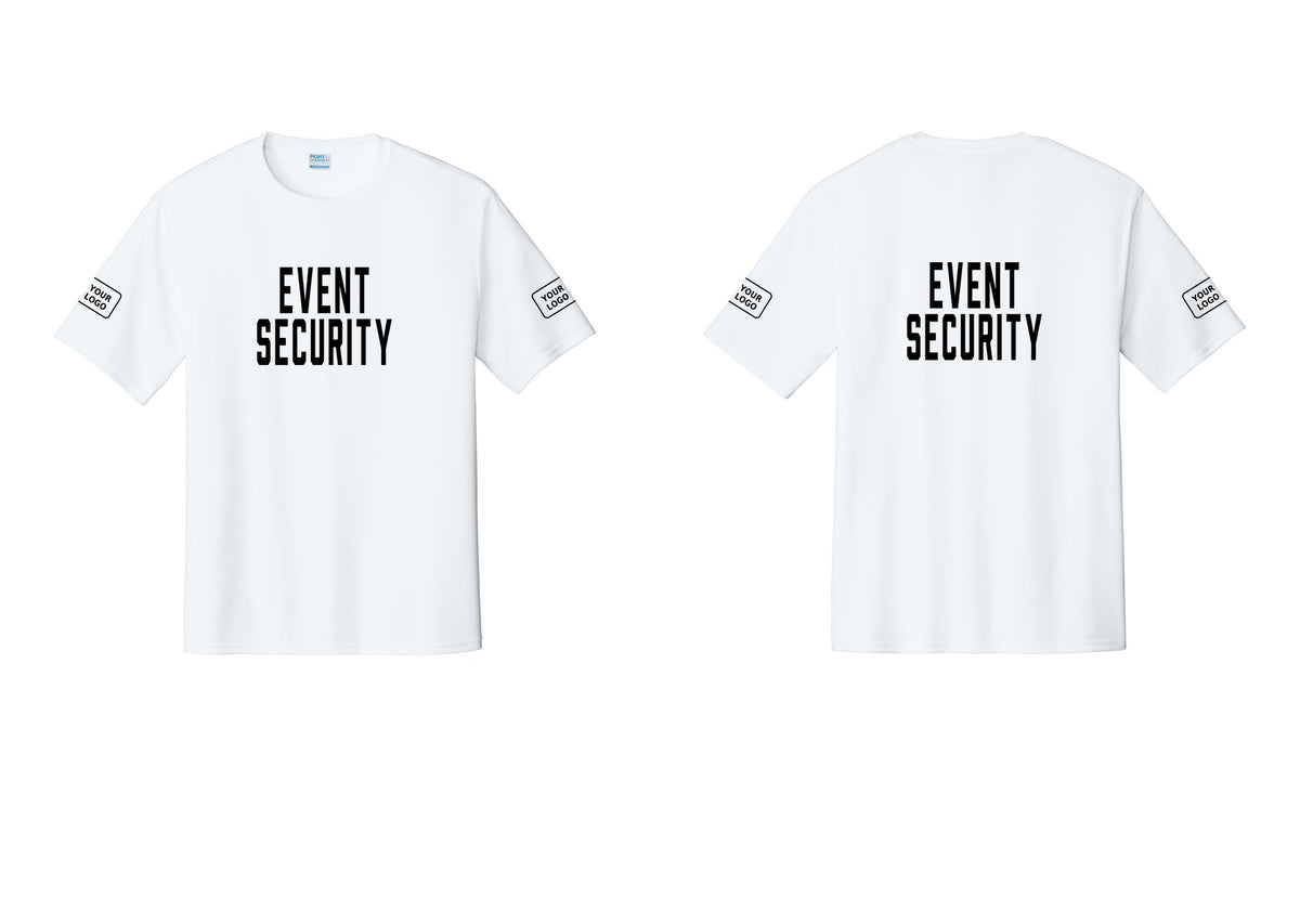 NYC Factory Custom Logo Event Security Performance T-Shirt (Classic) - Front + Back + Your Logo Sleeves - White