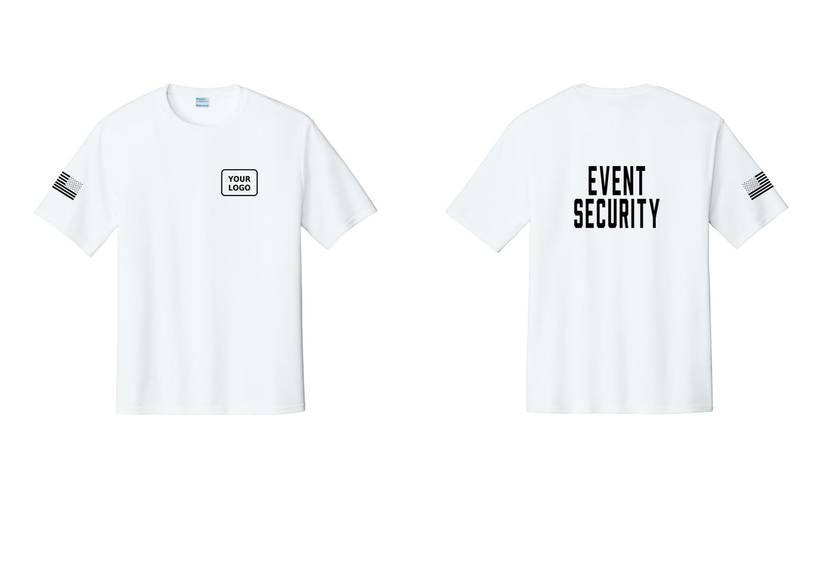 NYC Factory Custom Logo Event Security Performance T-Shirt (Classic) - Your Logo + Back + US Flag Sleeve - White
