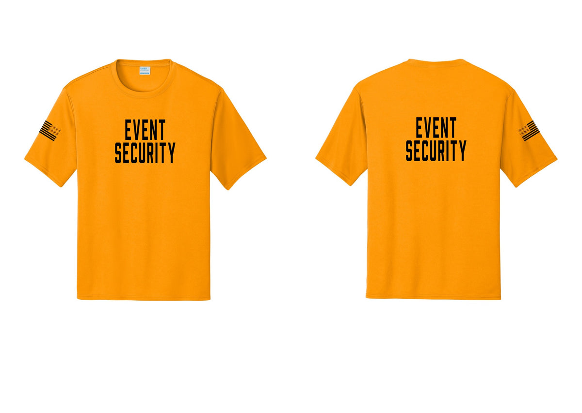 NYC Factory Event Security Performance T-Shirt (Classic) - Front + Back + US Flag Sleeve - Gold