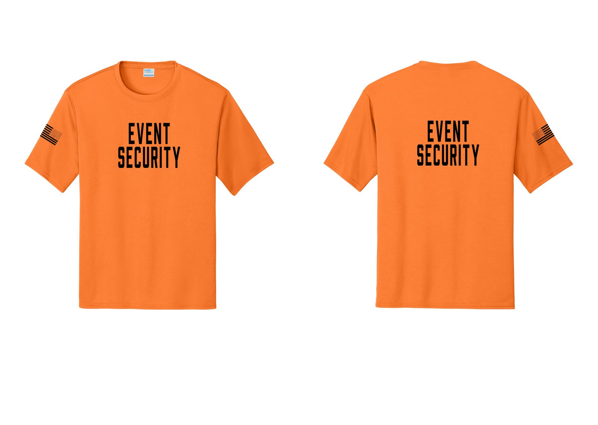NYC Factory Event Security Performance T-Shirt (Classic) - Front + Back + US Flag Sleeve - Neon Orange