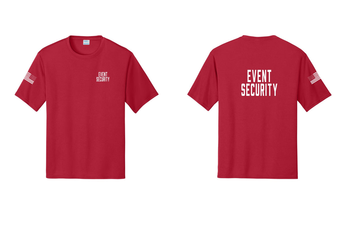 NYC Factory Event Security Performance T-Shirt (Classic) - Chest + Back + US Flag Sleeve - Red