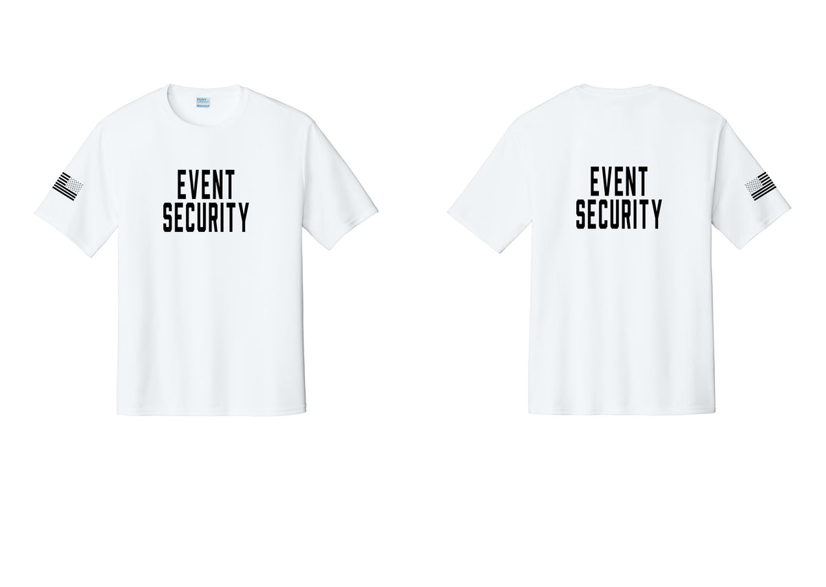 NYC Factory Event Security Performance T-Shirt (Classic) - Front + Back + US Flag Sleeve - White