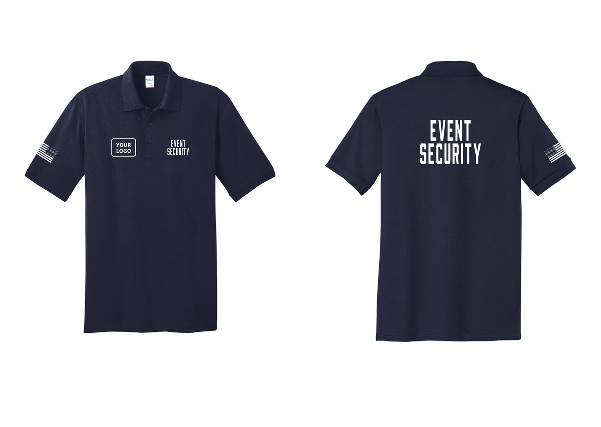 NYC Factory Custom Logo Event Security Polo Shirt (Classic) - EVENT SECURITY + Your Logo + Back + US Flag Sleeve - Navy