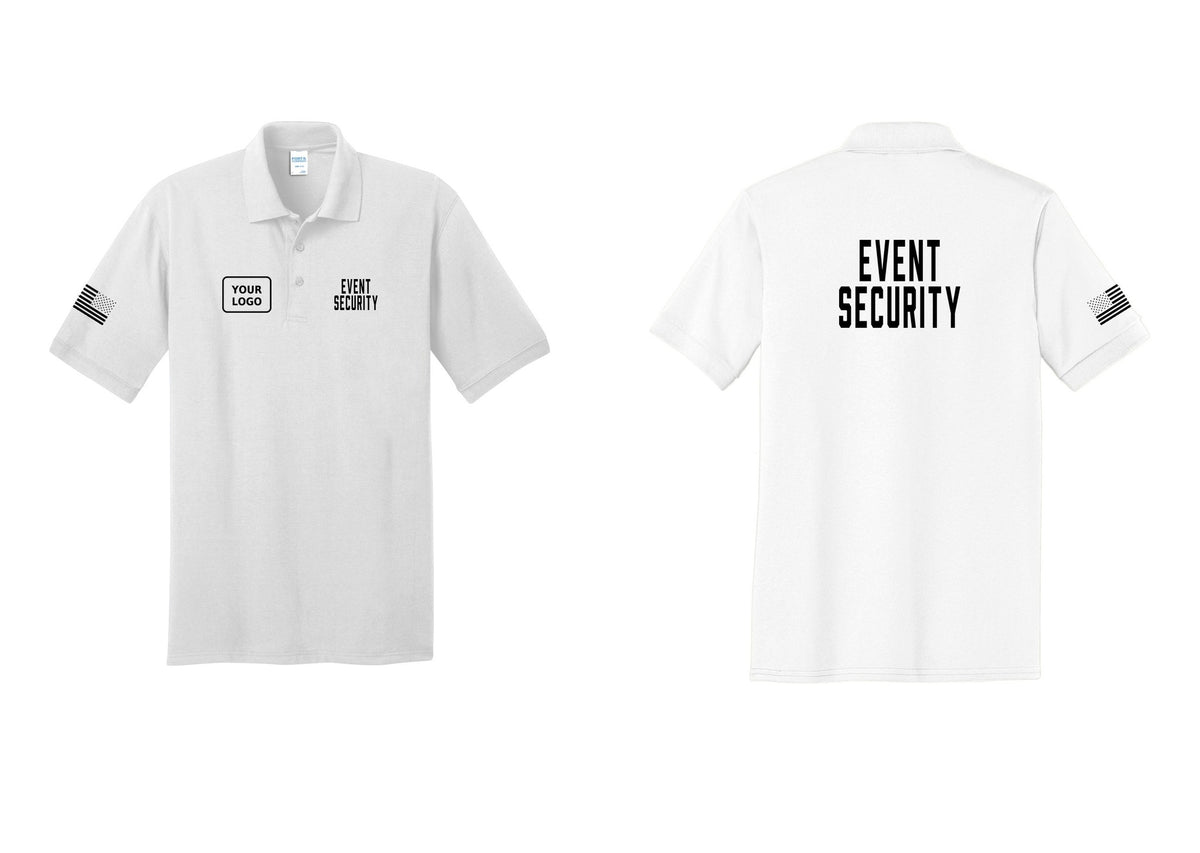 NYC Factory Custom Logo Event Security Polo Shirt (Classic) - EVENT SECURITY + Your Logo + Back + US Flag Sleeve - White