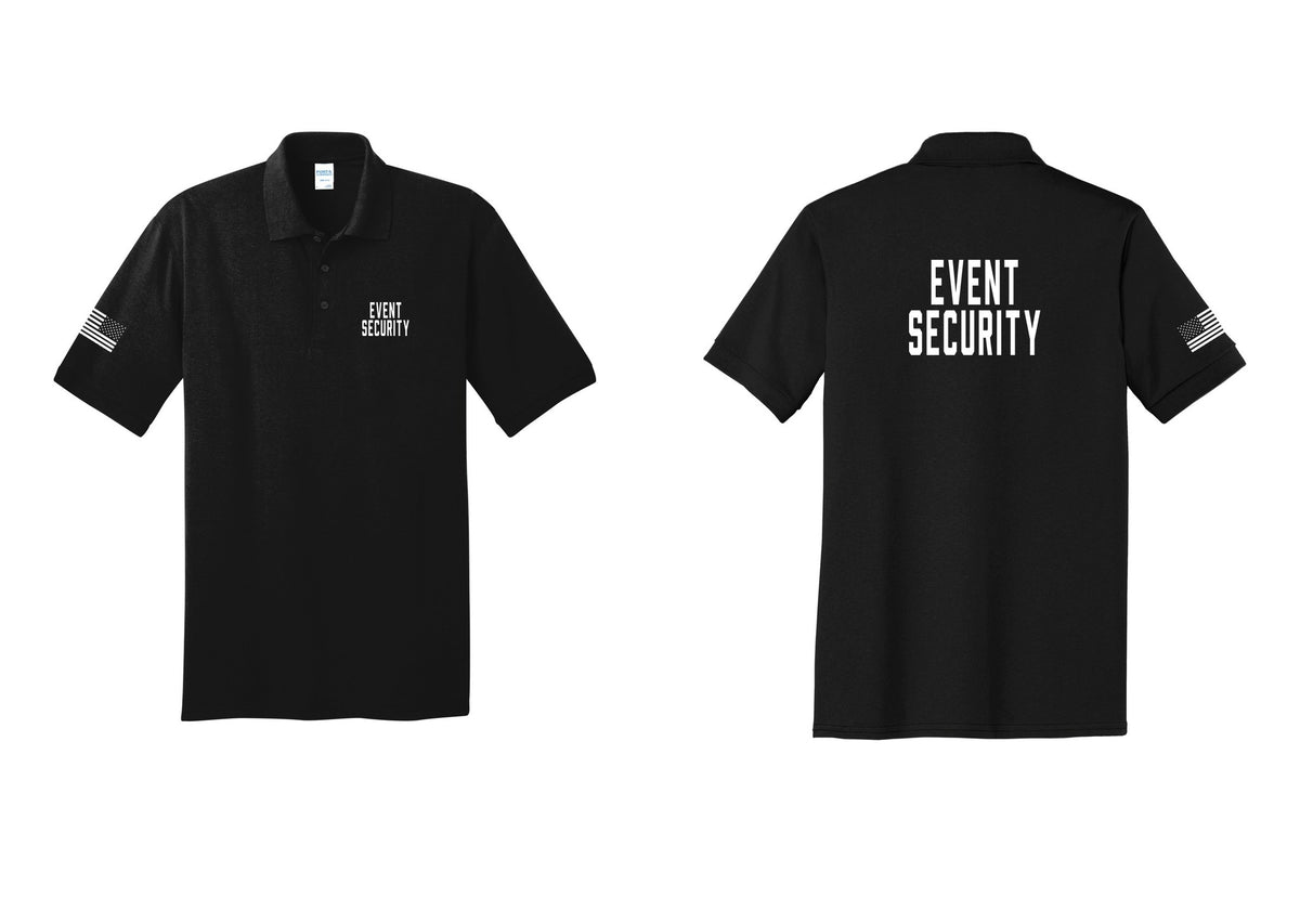 NYC Factory Event Security Polo Shirt (Classic) - Chest + Back + US Flag Sleeve - Black