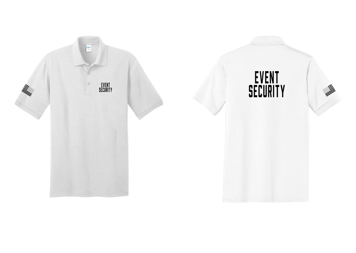 NYC Factory Event Security Polo Shirt (Classic) - Chest + Back + US Flag Sleeve - White