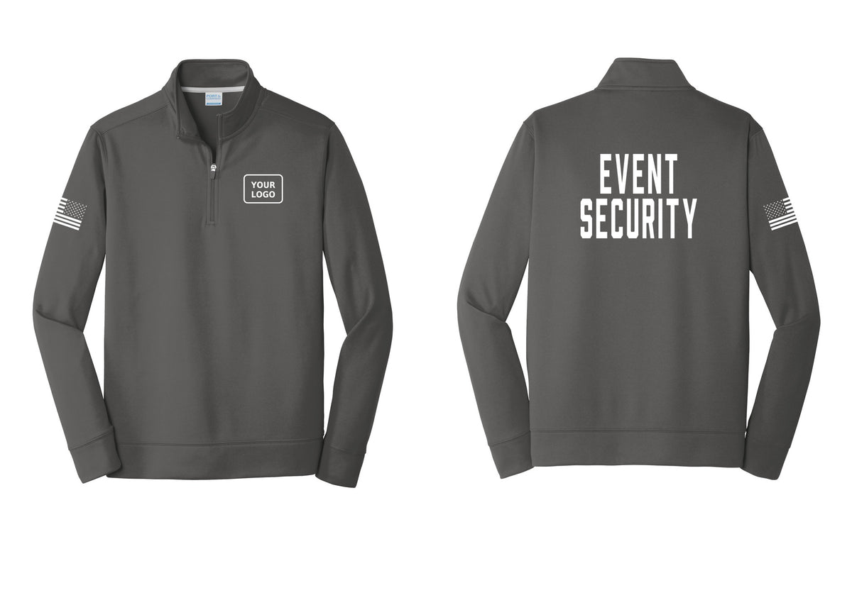 NYC Factory Custom Logo Event Security Performance Fleece 1/4-Zip Pullover Sweatshirt (Classic) - Your Logo + Back + US Flag Sleeve - Charcoal
