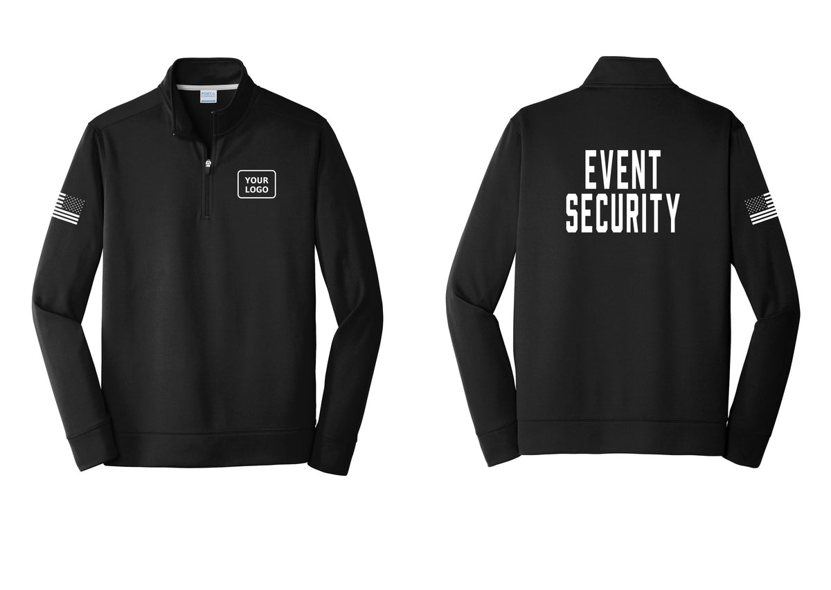 NYC Factory Custom Logo Event Security Performance Fleece 1/4-Zip Pullover Sweatshirt (Classic) - Your Logo + Back + US Flag Sleeve - Black