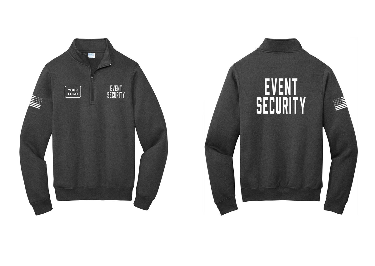 NYC Factory Custom Logo Event Security Cotton Fleece 1/4-Zip Pullover Sweatshirt (Classic) - EVENT SECURITY + Your Logo + Back + US Flag Sleeve - Dark Heather Grey