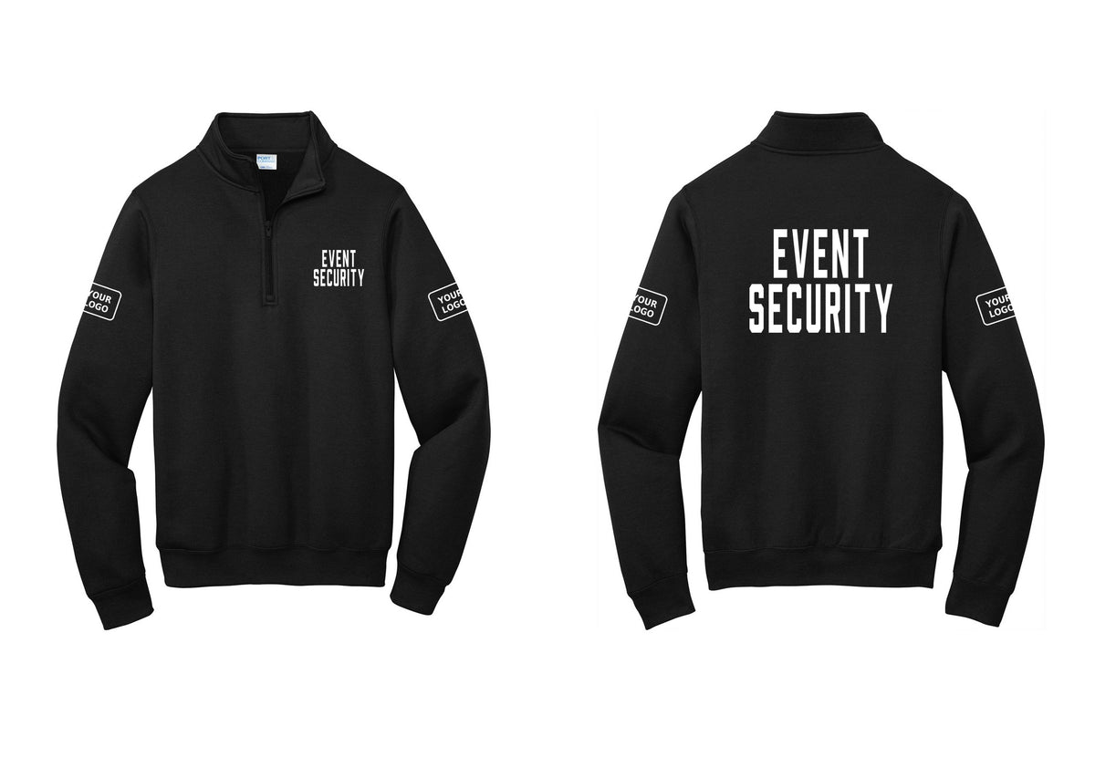 NYC Factory Custom Logo Event Security Cotton Fleece 1/4-Zip Pullover Sweatshirt (Classic) - Chest + Back + Your Logo Sleeves - Black