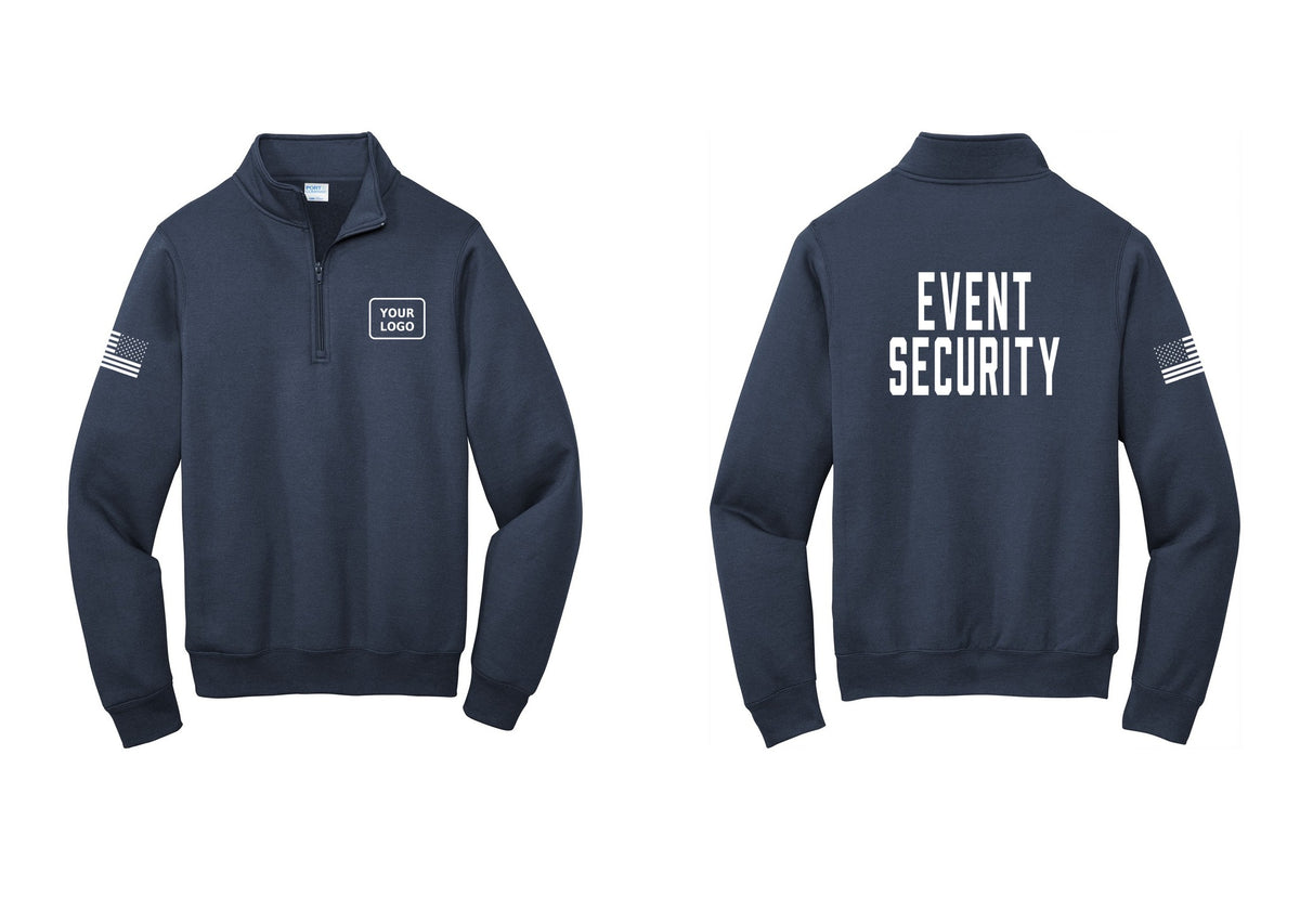 NYC Factory Custom Logo Event Security Cotton Fleece 1/4-Zip Pullover Sweatshirt (Classic) - Your Logo + Back + US Flag Sleeve - Navy