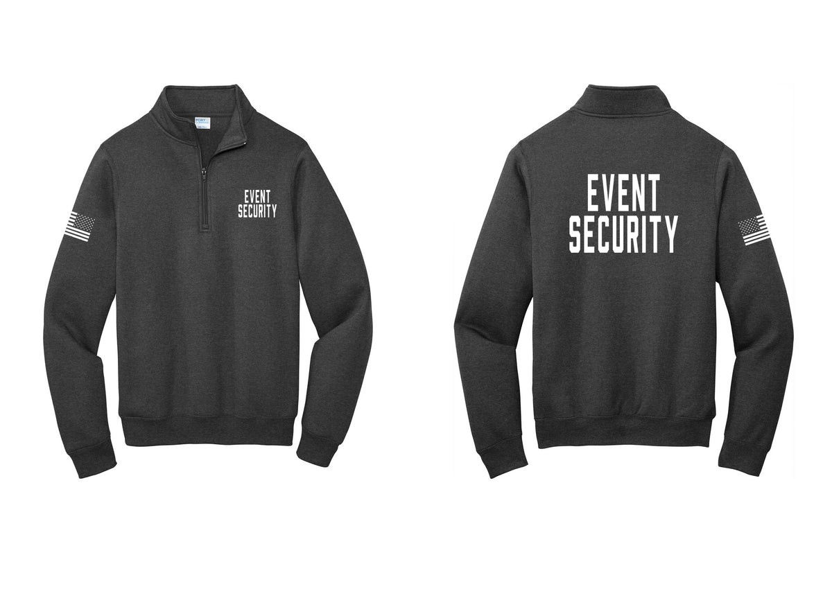 NYC Factory Event Security Cotton Fleece 1/4-Zip Pullover Sweatshirt (Classic) - Chest + Back + US Flag Sleeve - Dark Heather Grey