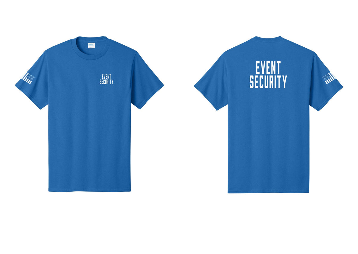 NYC Factory Event Security T-Shirt for Venues & Crowd Management (Classic) - Chest + Back + US Flag Sleeve - Royal