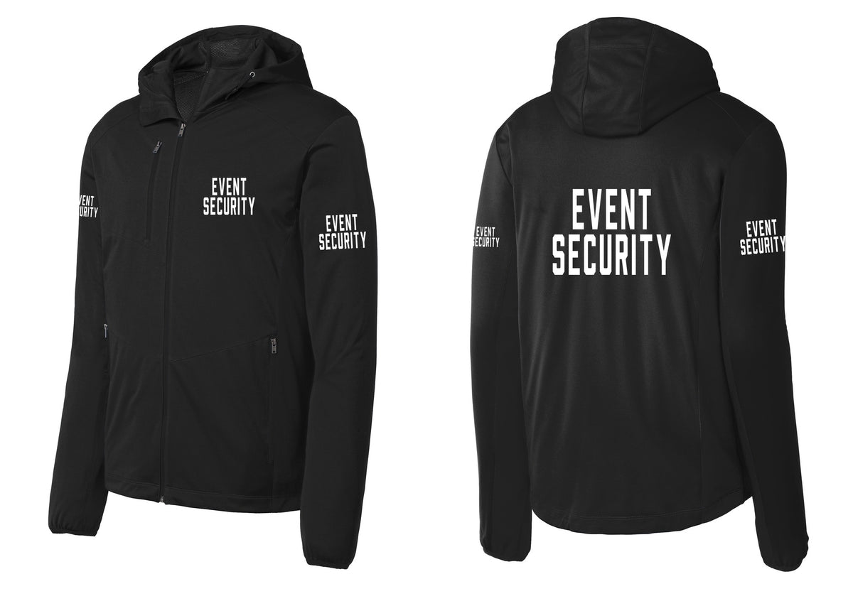 NYC Factory Event Security Soft Shell Hooded Jacket (Classic) - Chest + Back + Event Security Sleeves - Deep Black