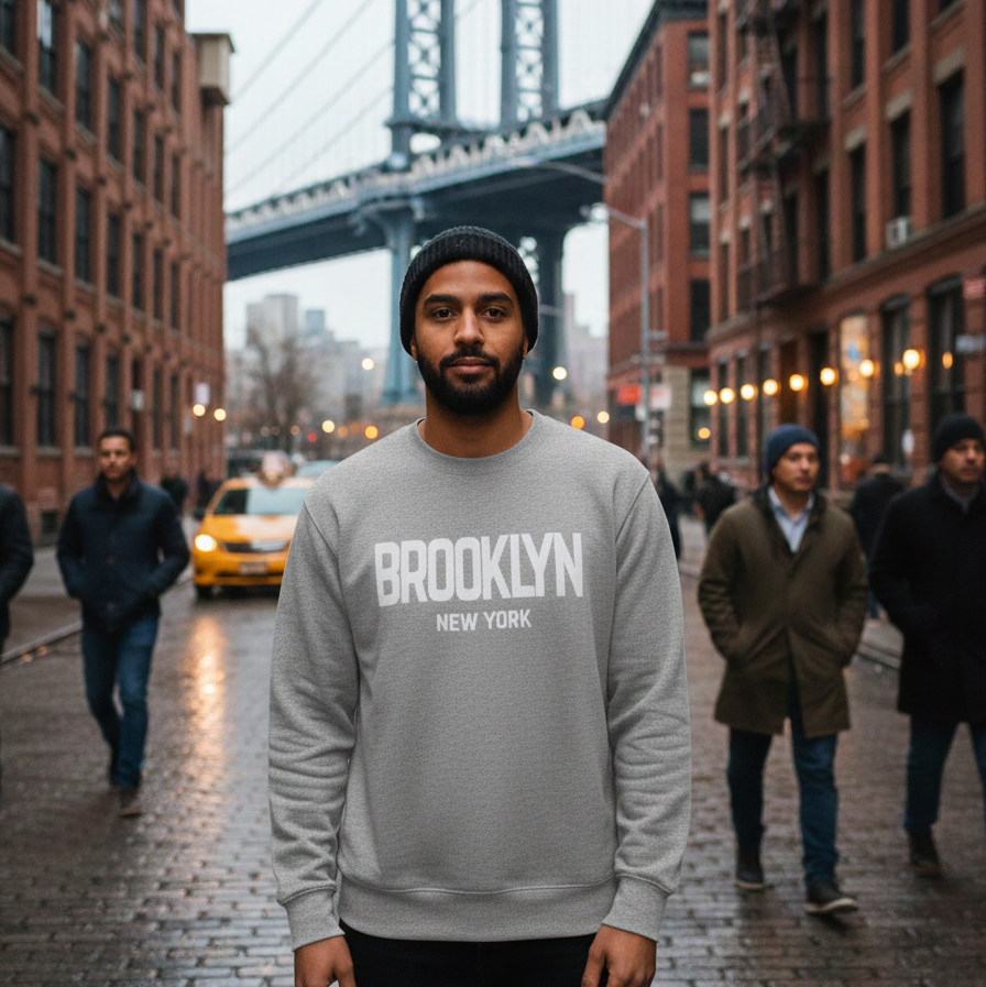 Man wearing a gray 'Brooklyn New York' sweatshirt with the Manhattan Bridge in the background.