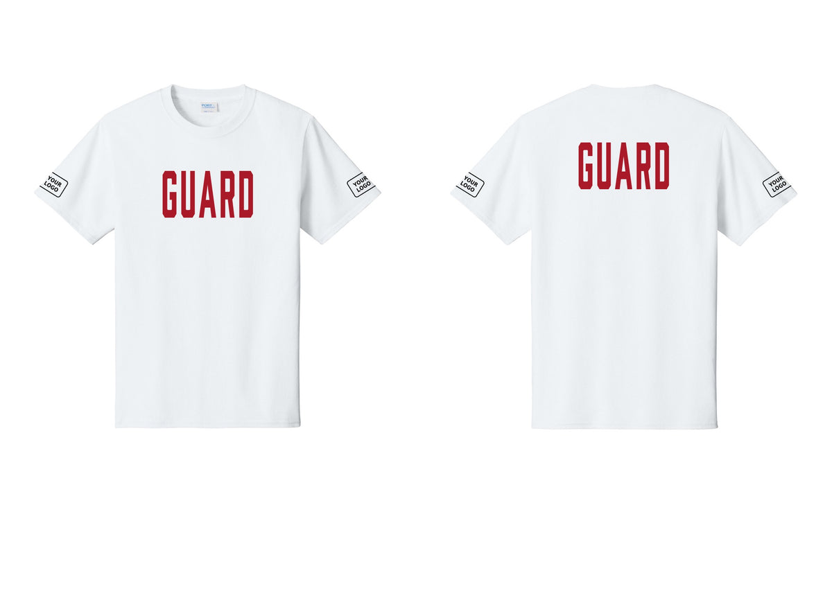 NYC Factory Custom Logo Guard T-Shirt, Condensed Lettering - Front + Back + Your Logo Sleeves - White
