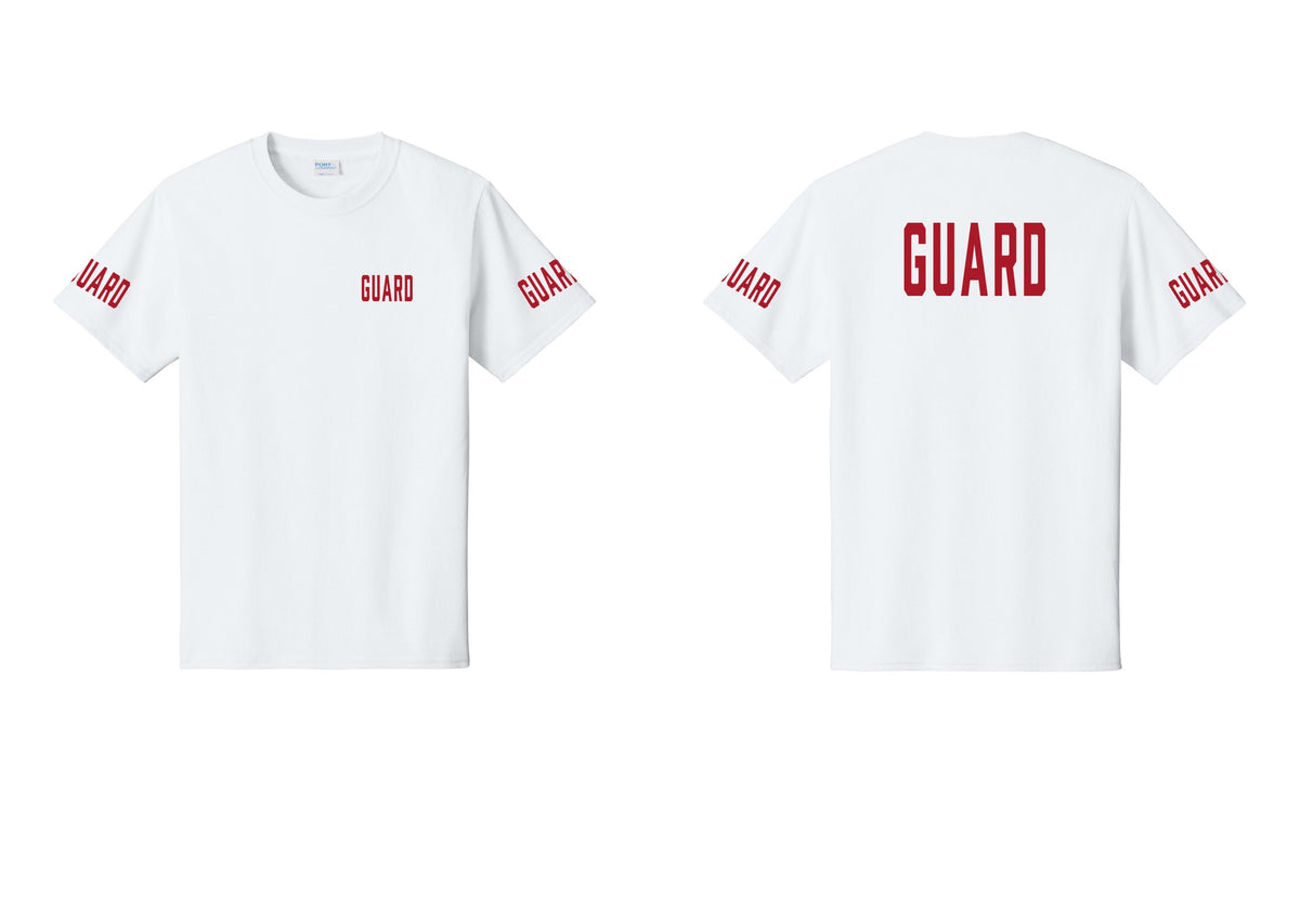 NYC Factory Guard T-Shirt, Condensed Lettering - Chest + Back + Guard Sleeves - White